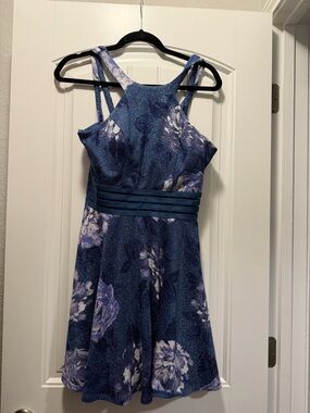 Oly Studios Shimmery Blue Floral Evening Dress